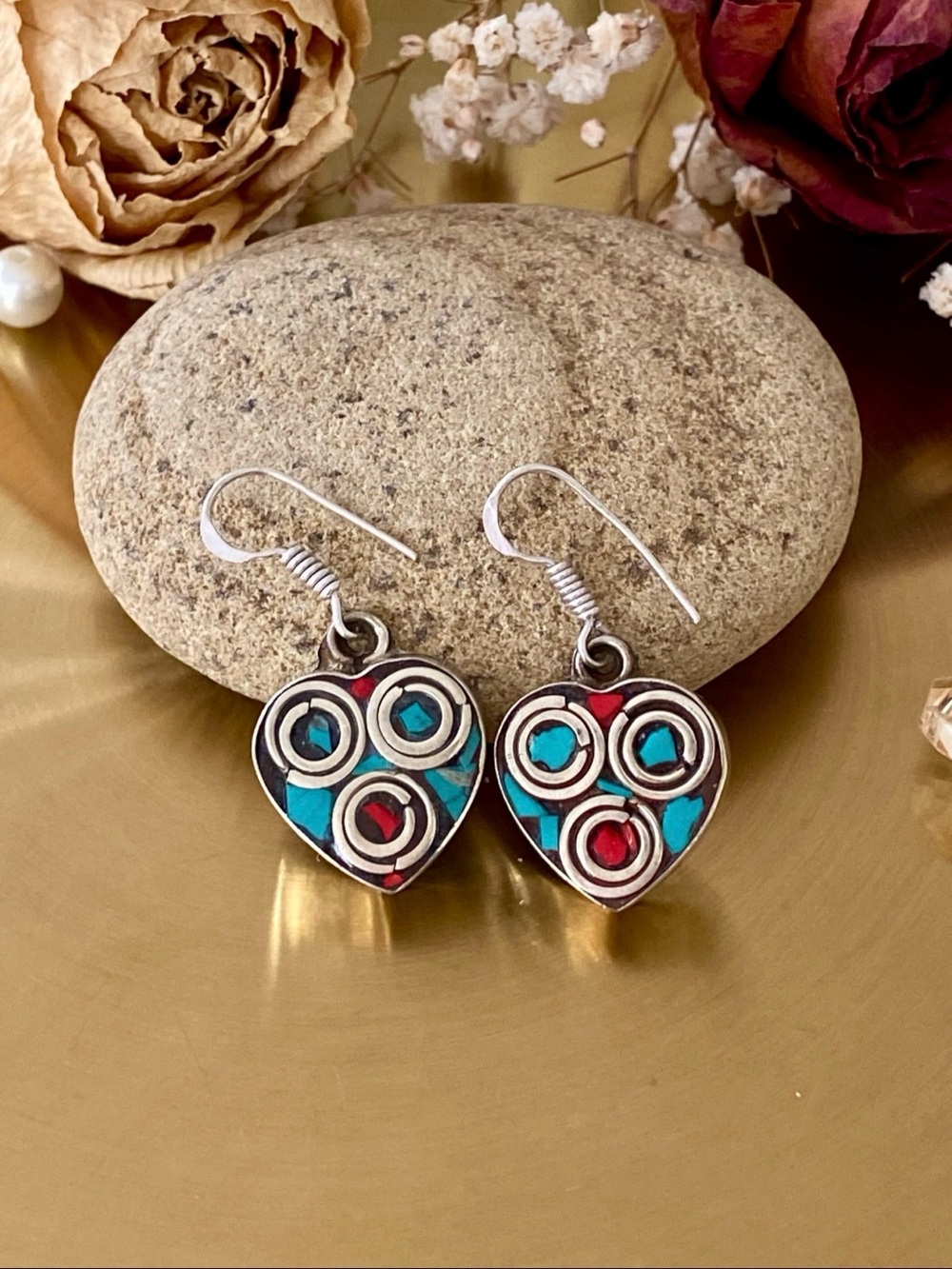 Turquoise And Red Coral Heart Earrings